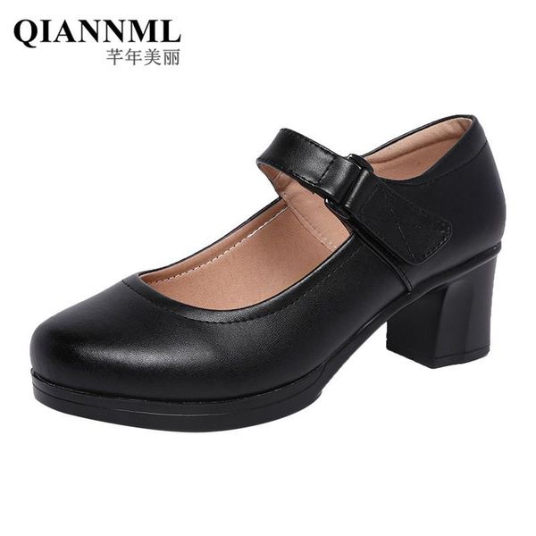 

dress shoes block heels mary jane women pumps 2021 autumn leather platform square heel mother for dance work, Black