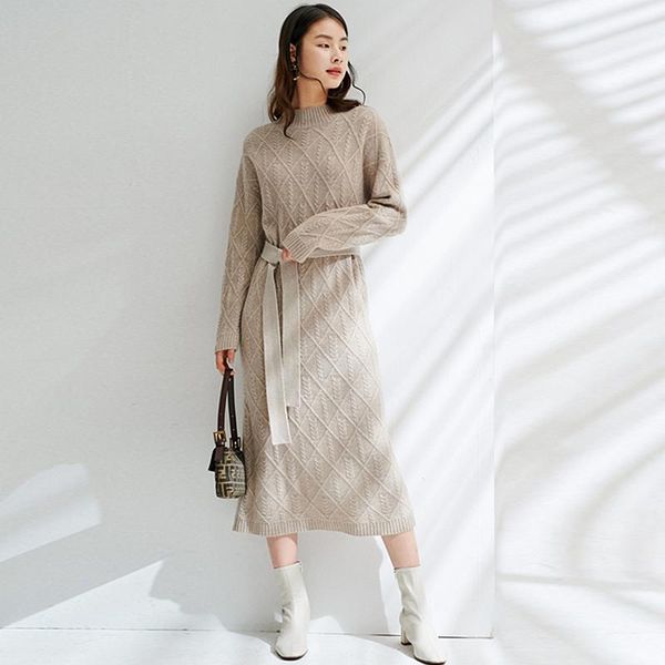 

casual dresses 100% cashmere knited dress women style sashes long sleeves waist mid-length 3 colors knit fashion, Black;gray