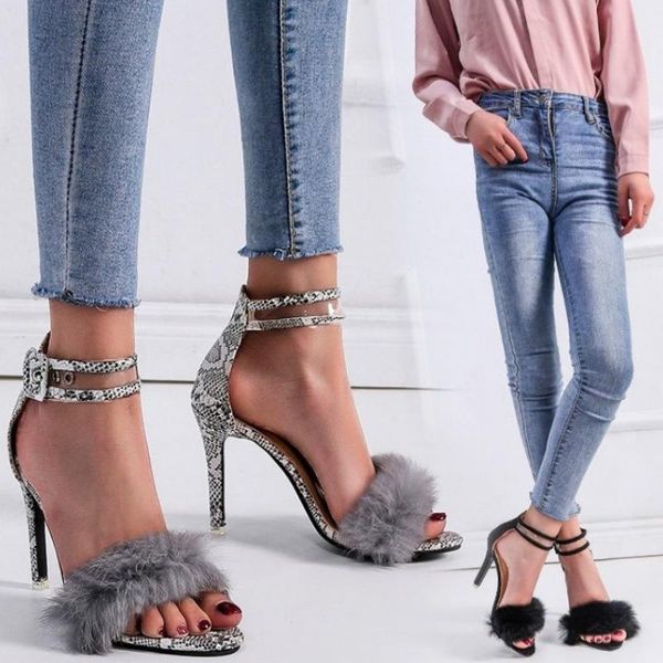 

european and american summer new buckle belt fine heeled women's sandals high-heeled large size 35-43 heeled shoes fur shoes, Black