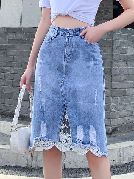 

hip hop spring new high waist in mid length denim skirt and summer of 2021 k, Blue