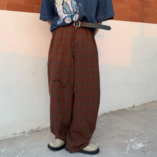 

women's pants & capris vintage plaid trousers high waist loose retro brown wide women, Black;white