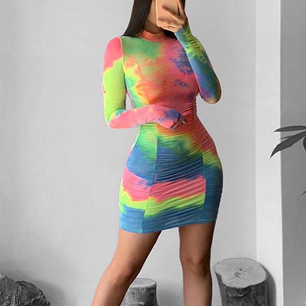 

2021 new long sleeve stand neck bodycon autumn tie dye print patchwork wrap mini casual slim party lb3d, Black;gray