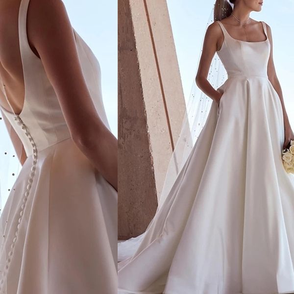 Outros vestidos de casamento Mulheres Branco Custom Made Colar Quadrado Cetim Spaghetti Straps Backless A-Line Vestidos de Noiva para 328 328