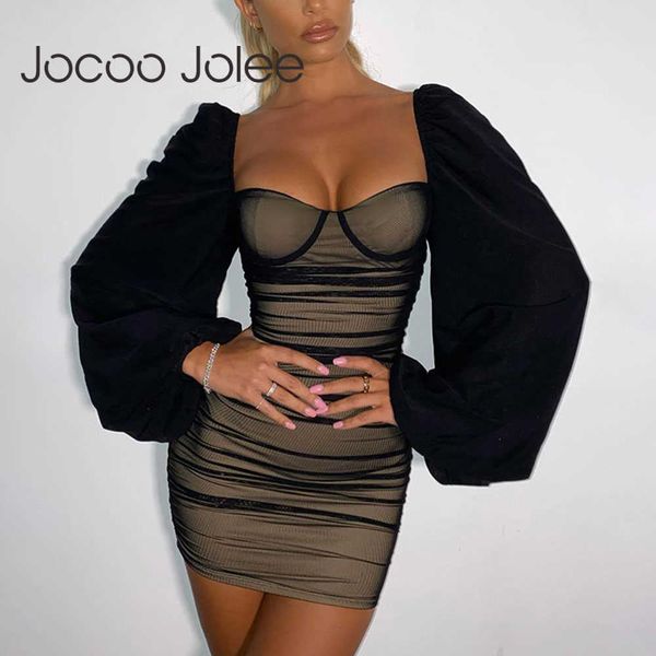 Jocoo Jolee donne estate moda temperamento lungo e maniche a sbuffo sexy open bank pieghettato petto wrap hip gonna 210619