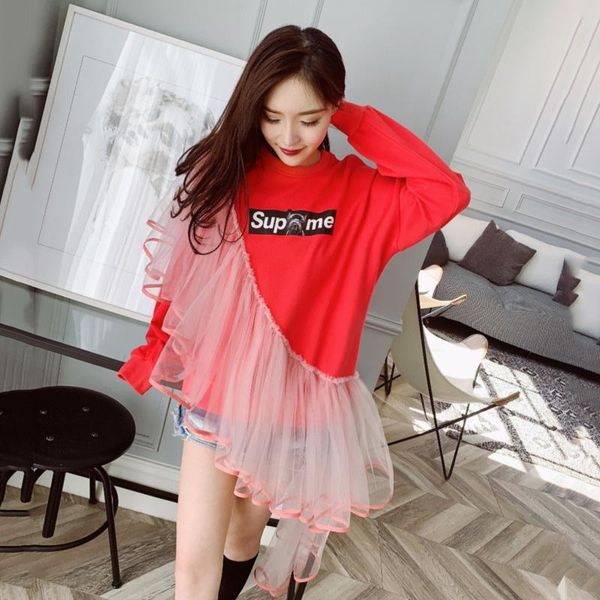 

[ewq] 2021 spring new female casual roud neck long-sleeved red patchwork mesh ruffles pleated pullover sweatshirts 16w409, Black