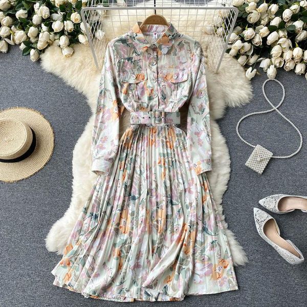 

casual dresses retro french floral print long sleeve shirt dress women turn down fashion pleated elegant slim ladies belted midi zh1605, Black;gray