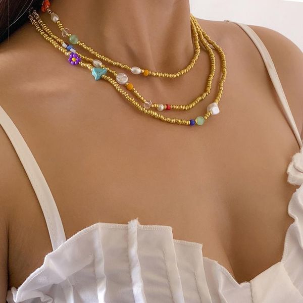 

chokers accessories simple beach turquoise irregular clavicle necklace retro ins stitching imitation pearl, Golden;silver