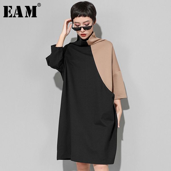 

[eam] new spring winter high collar long sleeve hit color loose large size sweatshirt dress women fashion tide jk399 210302, Black;gray