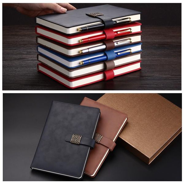 

a5 simple retro business leather buckle exquisite universal notebook with lock office daily leather notebooks cover gift, Purple;pink