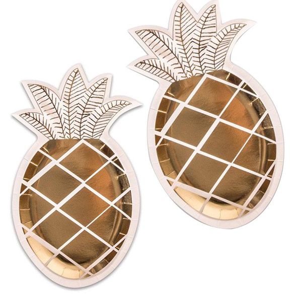 

disposable dinnerware 8pcs gold foil tableware pineapple paper plates straw tropical theme party decor birthday wedding supplies