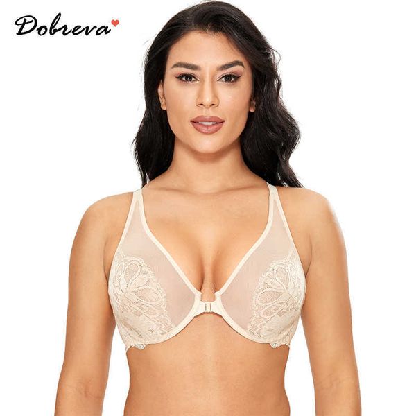 

dobreva women's front closure unlined underwire plus size minimizer bralette lace see through bra dd e f cup 210623, Red;black