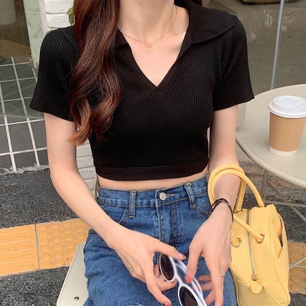 

women's t-shirt women v neck slim backless knitted short sleeve cropped female lady bandage crop, White