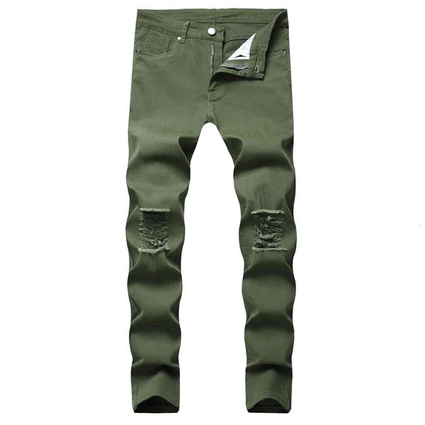 

men's jeans 2021 men's jeans slim straight tube multi hole red army green locomotive beggar pants, Blue