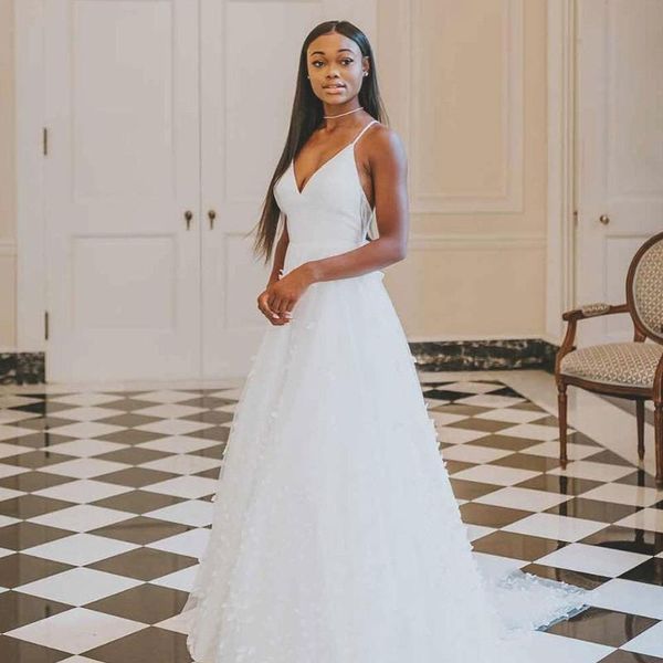 

other wedding dresses simple a line dress v neck backless spaghetti bridal gowns sleeveless sweep train custom made vestidos de novia, White