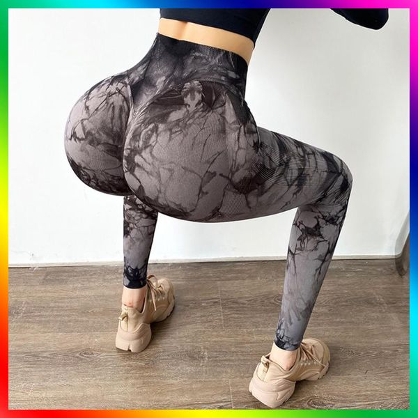 

women's leggings cross border large tie dyed jacquard yoga pants sports fitness high waist hip lift show bottom women clothing, Black