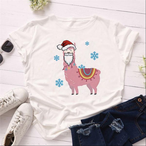 

2021 new fashion woman tshirts short sleeve cartoon llama print christmas t shirts femme tshirt t shirt camisas mujer, White