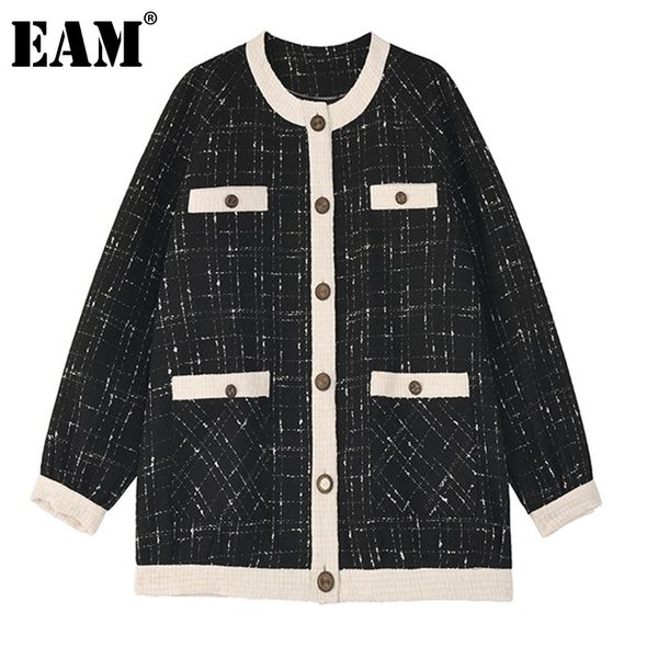 

eam] loose fit black tweed split big size jacket new round neck long sleeve women coat fashion tide spring autumn 1z557 201013, Black;brown