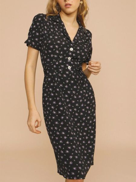 

casual dresses women v-neck floral midi dress 2021 spring and summer short sleeve ladies slim waist holiday with buttons d731, Black;gray