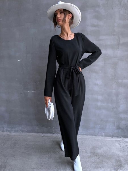 

round neck belted wide leg jumpsuit r9ok#, White