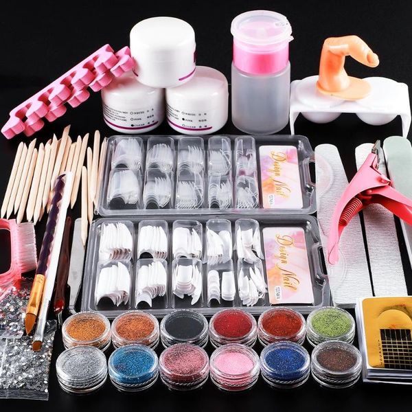 

nail art kits manicure gel polish tool set acrylic powder 12 colors glitter kit false tips accessories for women