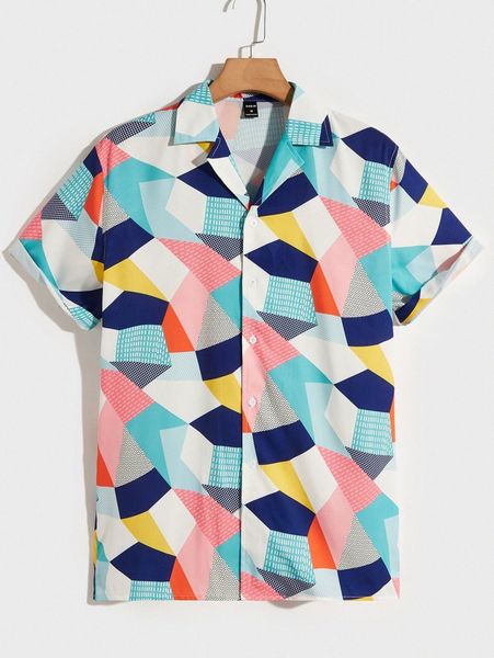 

men geo print roll up sleeve shirt 78co#, White;black