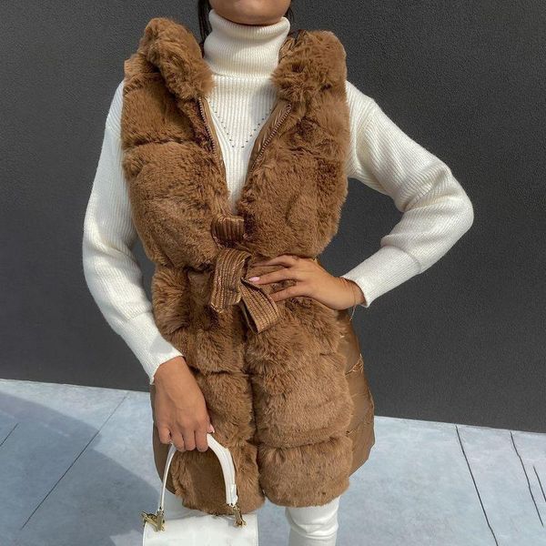 

women's fur & faux floy fashion winter hooded vests women elegant patchwork tie belt coats zipper closure long cotton ladies, Black