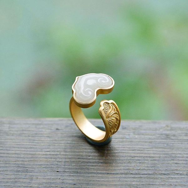 

cluster rings unique and creative natural hetian white jade auspicious cloud opening adjustable exquisite elegant ladies ring, Golden;silver