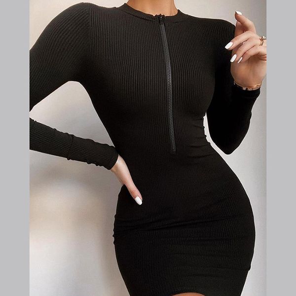 

bodyocn mini dress lucky label letter embroidery zip ribbed knit long sleeve dresses for women fall 2021 c83-ce22, Black;gray