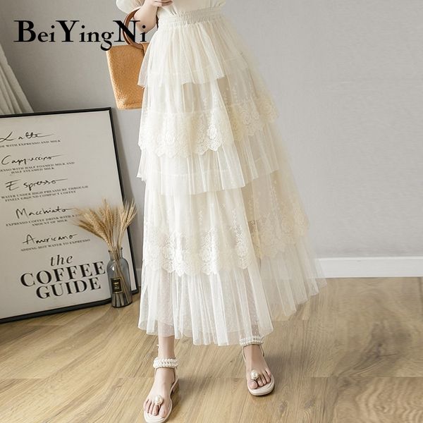 Beiyingni lace tulle saia mulheres sólidas verão longo branco tutu saias uma saia de linha laides elegante cintura alta elástica faldas 210309