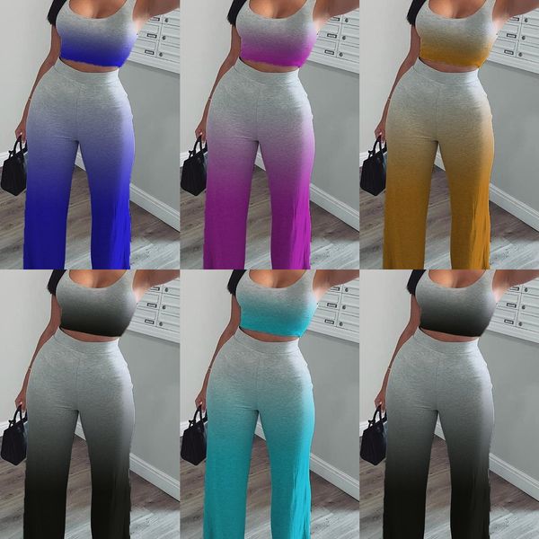 

women summer two piece clothing set outfits designer tracksuit sleeveless tshirt crop pants fashion gradient color h2516, White