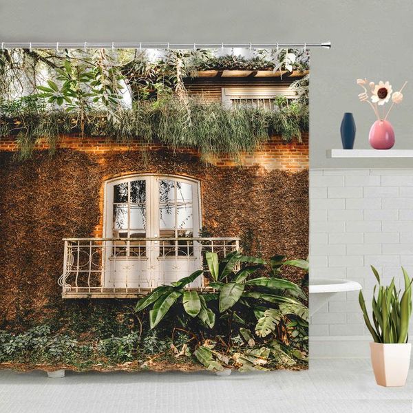 

shower curtains retro door window curtain green leaves flowers plants bathroom decoration screen baths washable with hooks set
