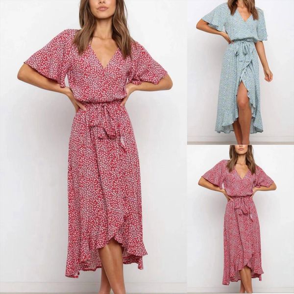 

summer fashion v neck womens dress short sleeve floral print ruffles open fork hem long plus size clothing, Black;gray