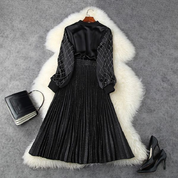

2021 spring new superior quality high street casual women celebrities pleated bright party dresses drill dress p4c3, Black;gray