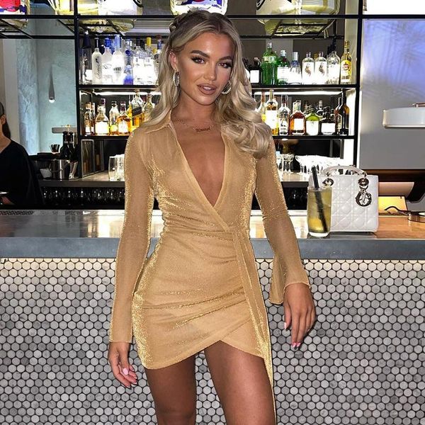 

casual dresses lygens bling glitter deep v neck see through mini dress women long sleeve 2021 autumn winter party evening birthday clot, Black;gray