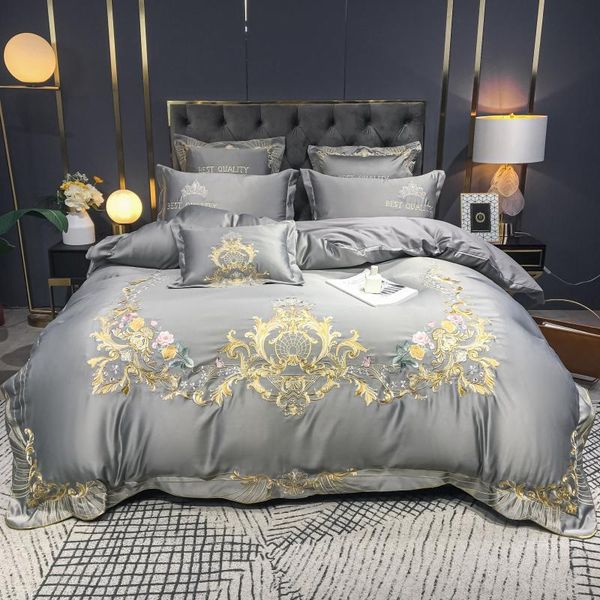 

bedding sets silver gray luxury satin silk cotton flowers gold embroidery set double duvet cover bed linen pillowcases home textile