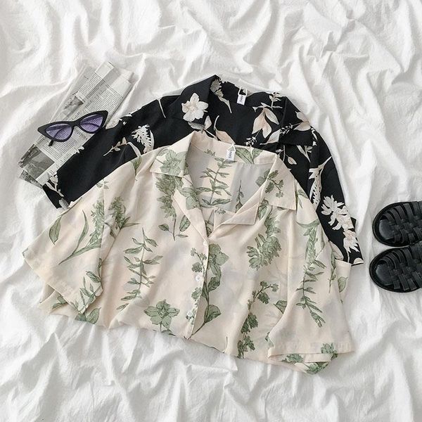 

2021 summer new casual women shirt korean retro short sleeved suit printed cardigan short sleeve ladies womens and blouses, White