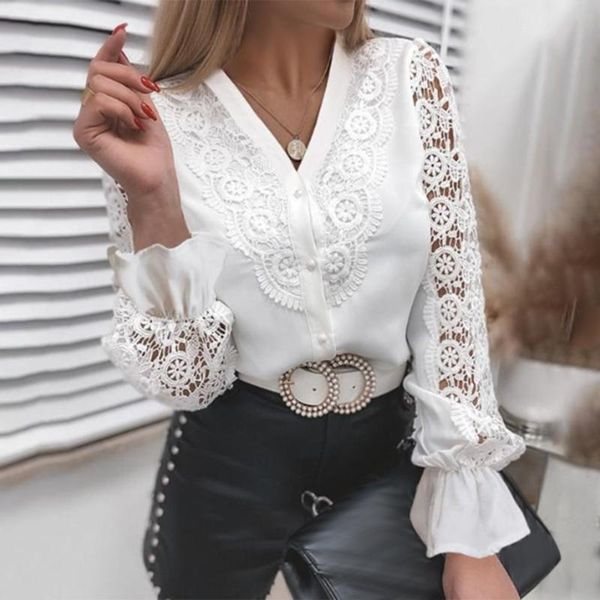 

women's blouses & shirts muyogrt 2021 women v-neck solid color hollow lace long-sleeved shirt guipure button design blouse spring and, White