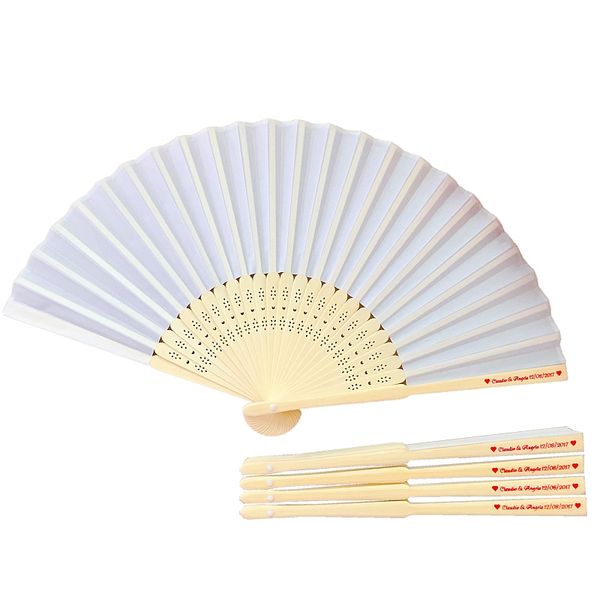 

personalized engraved bamboo folding silk hand fan party gift favor customized with wedding names and date printing for birthday baby shower