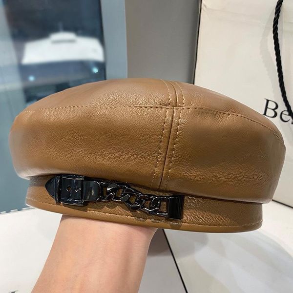 

berets pu hats chain buckle design elegant textured painter sboy women trendy solid color flat top, Blue;gray