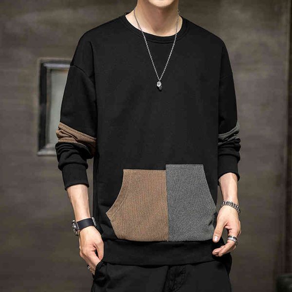 

2021 autumn new sweater korean fashion round neck long sve versatile loose color matching youth men's wear, Black