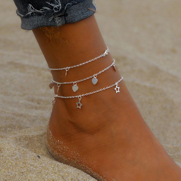

bohemian multilayer chain beach anklet fashion vintage hollow star heart layered anklet foot sandals jewelry fashion gift, Red;blue