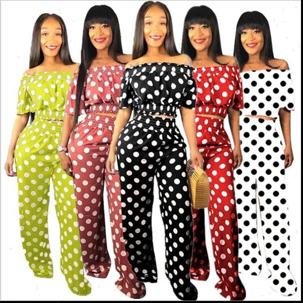 

2021 women summer dot print off shoulder half sleeve blouses shirt straight pants suit two piece set tracksuit outfit glp8377, Gray
