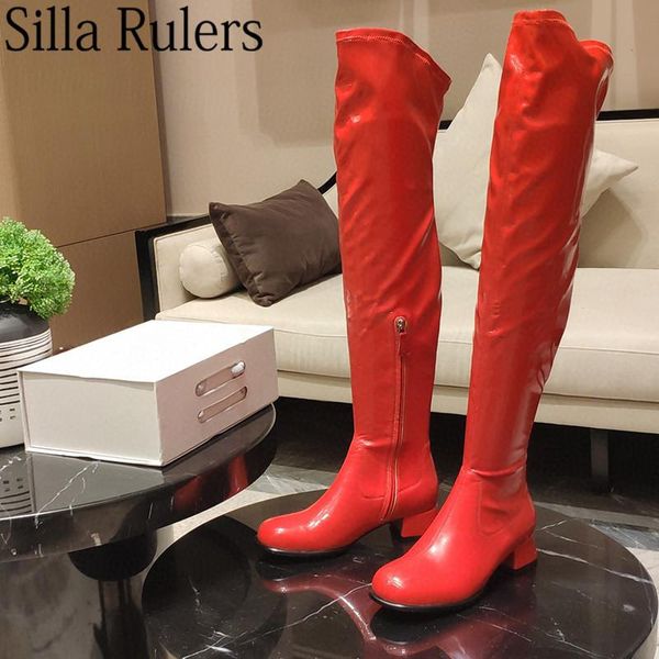 

boots shiny patent leather over the knee high woman chunky heels knight round toe elastic long, Black