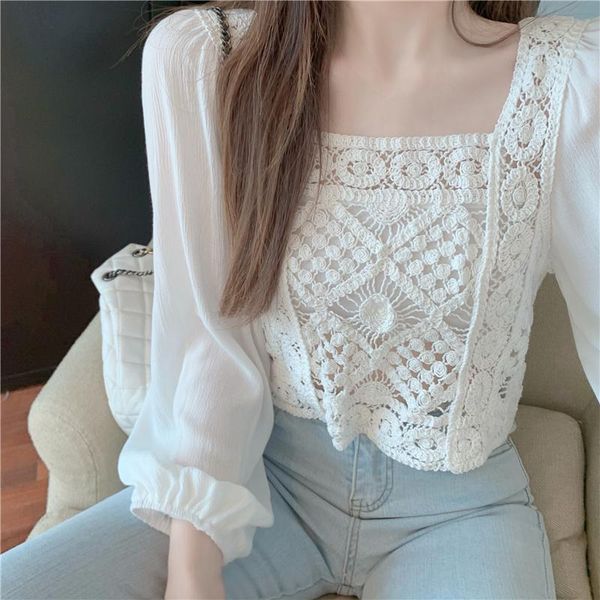 

women's blouses & shirts houthion fashion korean blouse summer splicing comfortable square collar short sleeve, White