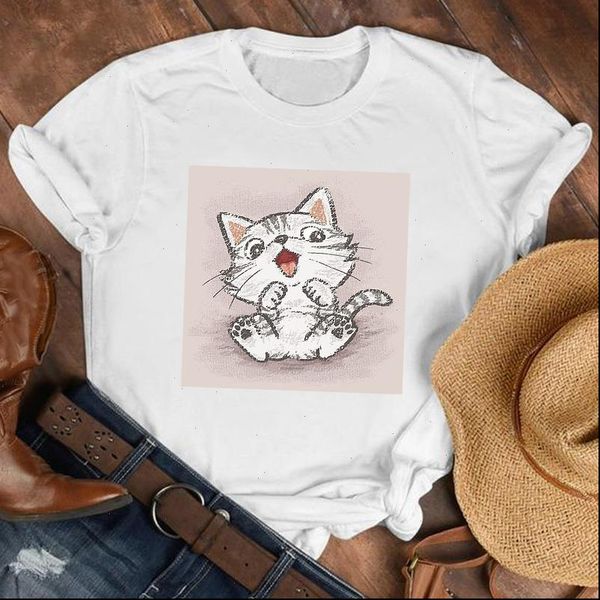

women lady animal cat pet painting 90s style cartoon shirt clothes tshirt tee womens female print t shirt, White