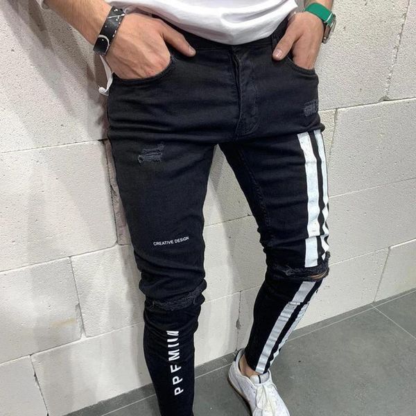 Herren Jeans Männer Skinny Denim Biker Seite gestreifte Herren zerstörte Hosen zerstörtes Loch zerkratzt Reißverschluss Schlanker Fit Jean Hosen D30