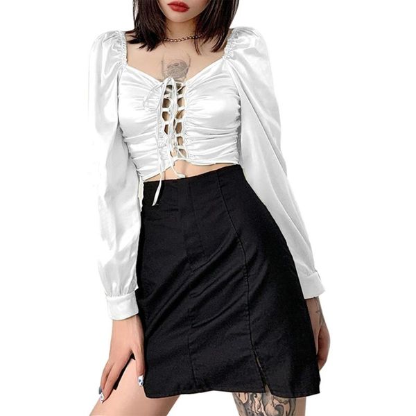 

women's t-shirt 2021 women retro puff long sleeve hollow out bandage shirts v-neck slim crop top, White