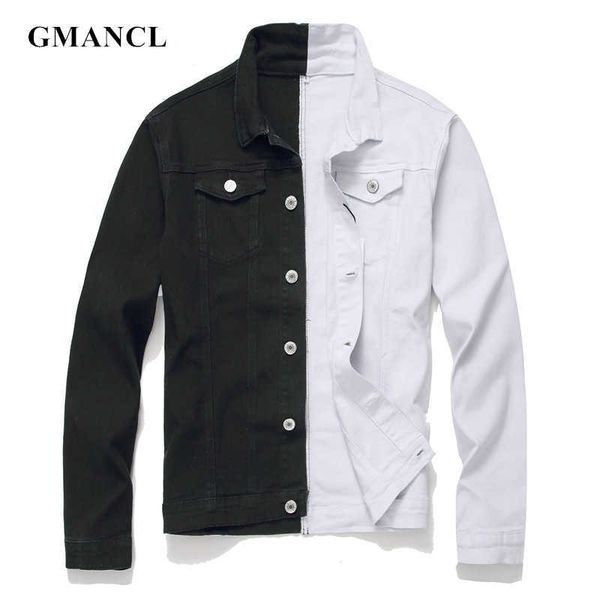 

men streetwear black white two-tone patchwork slim fit jean jackets motorcycle man hip hop cotton casual denim coats 210909, Black;brown
