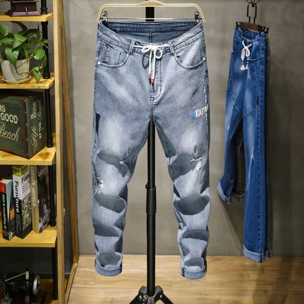 

spring and summer elastic harem men's fashion jeans youth print versatile 9-point pantswinter, Blue