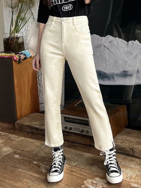 

dazy solid split hem straight leg jeans 74eb#, Blue